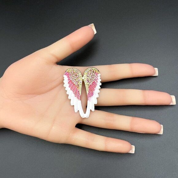 Yellow Gold with Pink Sapphire and AB Crystal Enamel Angel Wing Pin Back Brooch - Picture 9 of 9